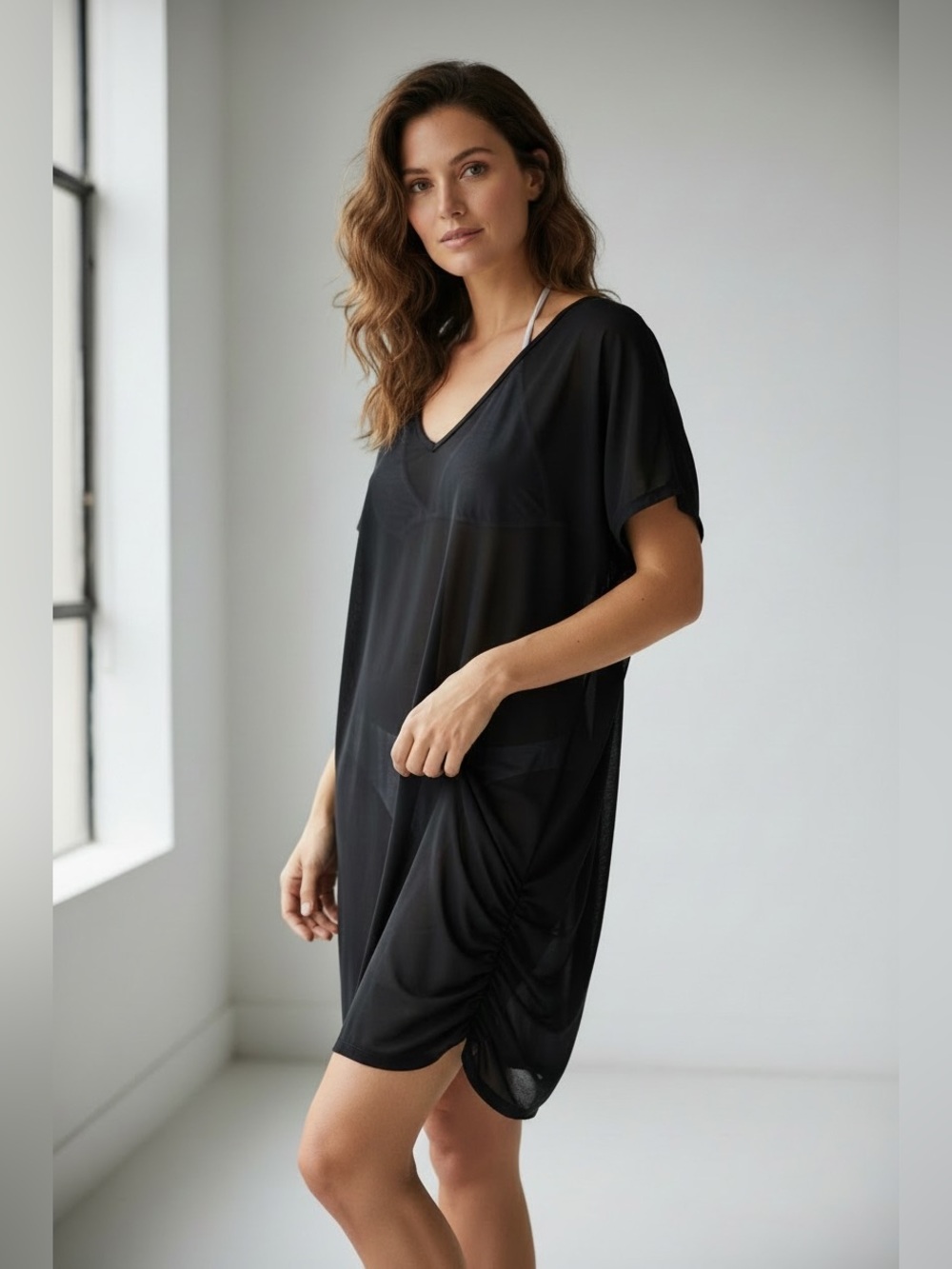 Anne Cole Women's Short Sleeve Solid Black Easy Tunic Swimsuit Cover Up